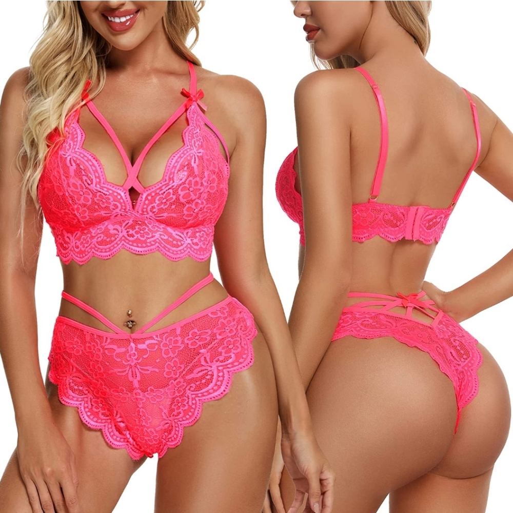 Pink lacy strappy bra and panties set L